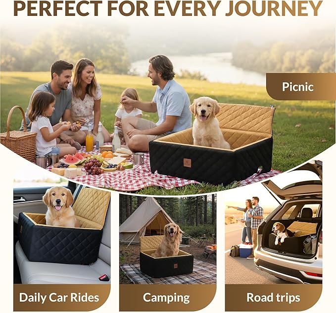 Dog Car Seat for Small & Medium Dogs up to 55 lbs, Fits 2 Small Dogs, Waterproof Dog Booster, for Car Travel, Pet Seat with Safety Leash, Bonuses, Collapsible Water Bowl & Chew Toy.