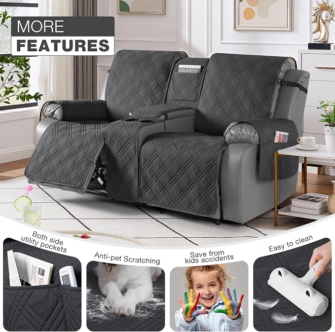 TAOCOCO Loveseat Recliner Cover with Console, Non-Slip Split Reclining Pet Cover for Dual Loveseat Recliner, Furniture Protector with Elastic Straps (2 Seater, Charcoal Gray)