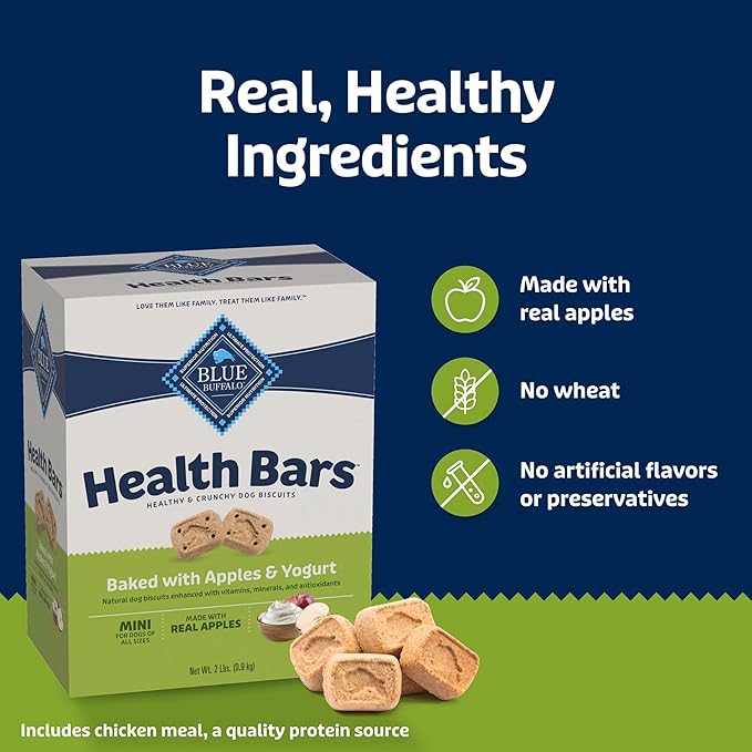Blue Buffalo Mini Health Bars Apples & Yogurt Crunchy Dog Biscuits, Bite-Sized for Training, Oven-Baked with Real Apples & Natural Ingredients, Healthy Dog Treats, Box 2 lbs.