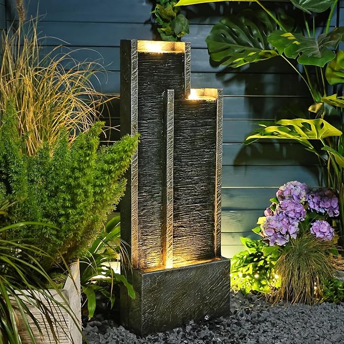 35” Modern Double Column Waterfall Fountain - Outdoor Water Fountain with LED Lights, Freestanding Waterfall Feature for Garden, Patio, Deck, Porch, and Home Decor, Rectangular Resin Design
