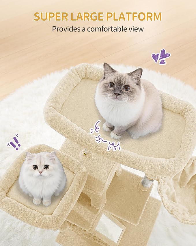 Hzuaneri Large Cat Tree, 72 Inch Tall Indoor Cat Tower for 6 Large Cats, Corner Climbing Activity Pet Condo with 2 Large Platforms/2 Cats House/6 Scratching Post/1 Hanging Basket, Beige MS18318YG