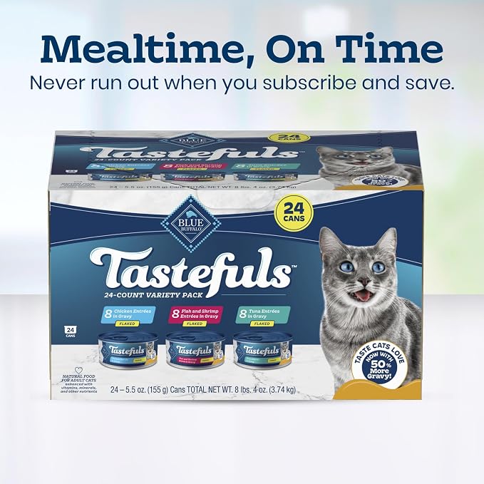 Blue Buffalo Tastefuls Flaked Adult Wet Cat Food Variety Pack (Tuna, Chicken, Fish & Shrimp), Natural Ingredients Enhanced with Vitamins, Minerals & Other Nutrients, 5.5-oz. Each (24 Cans)