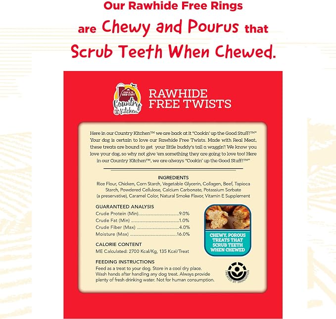 Country Kitchen Rawhide Free Beef Twists Dog Chews, Made with Real Beef, Highly Digestible, Gluten Free, 9 Count