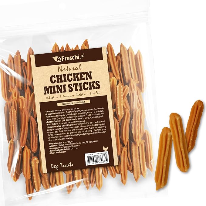 Afreschi Chicken Dog Treats, All Natural, Healthy & Easily Digestible, Grain-Free Puppy Chews, Low-Fat, Human Grade Training & Rewards Dog Snacks, Mini Sticks, 24 oz Pack