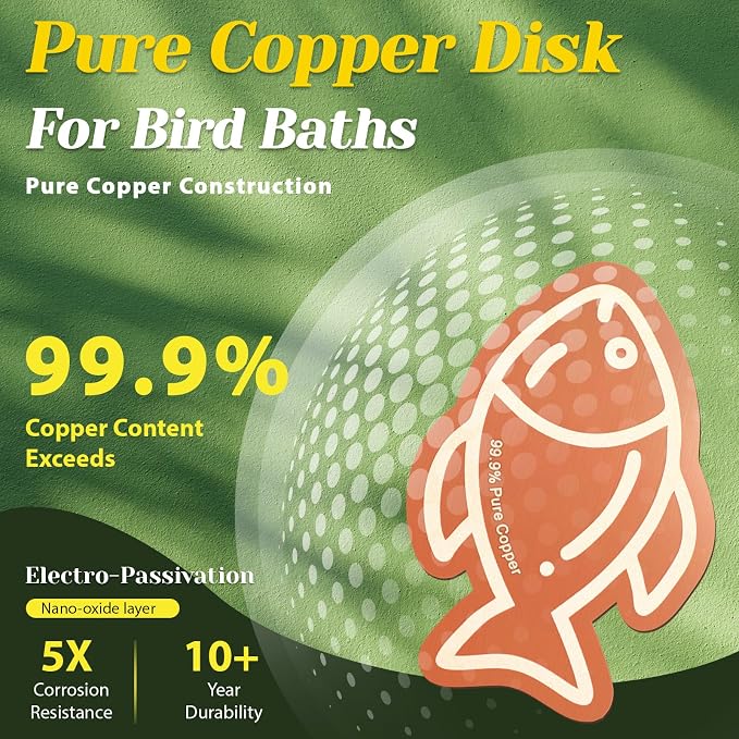3Pcs Bird Bath Copper Purification Disk 99.99% Pure Copper Water Cleaning Discs 0.6mm Physical Clean Water for All-Season Universal Natural Fit for Outdoor Birdbaths, Bowls, Garden Fountain (Fish)