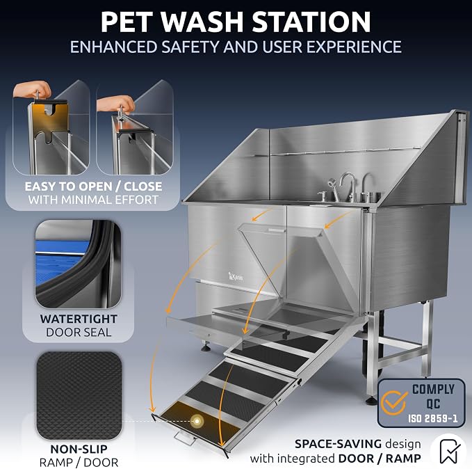 KANIS Professional Dog Washing Station 304 Stainless Steel Pet Wash Sink & Grooming Bathtub w/Shower, Floor Grates and Storage for Large, Medium & Small Pets (Silver, 61 Inches, Right Ramp, 1 Drawer)