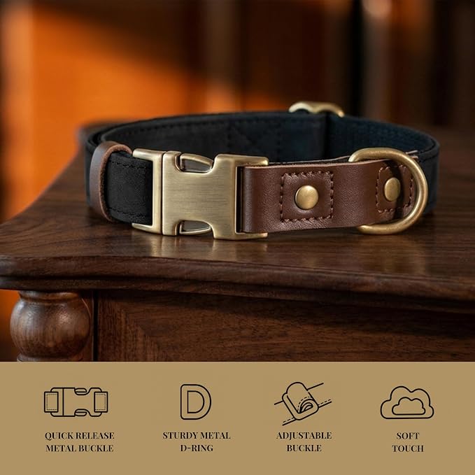 Didog Soft PU Leather Dog Collars for Medium Dogs,Classic Adjustable Dog Collars with Quick Release Metal Buckle,Easy Clean and Comfortable with Nylon Lining,Black,M Neck 14-19"