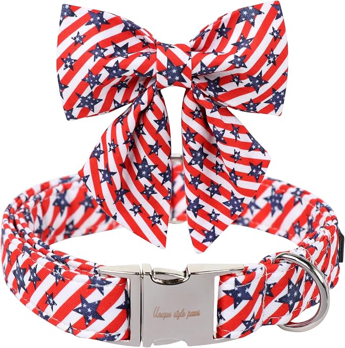 Unique style paws Independence Day Dog Collar with Bowtie Striped Star Puppy Collar for Small Medium Large Boys Girls Dogs