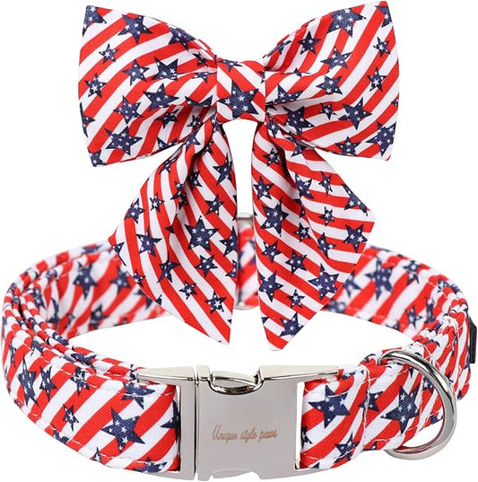 Unique style paws Independence Day Dog Collar with Bowtie Striped Star Puppy Collar for Small Medium Large Boys Girls Dogs