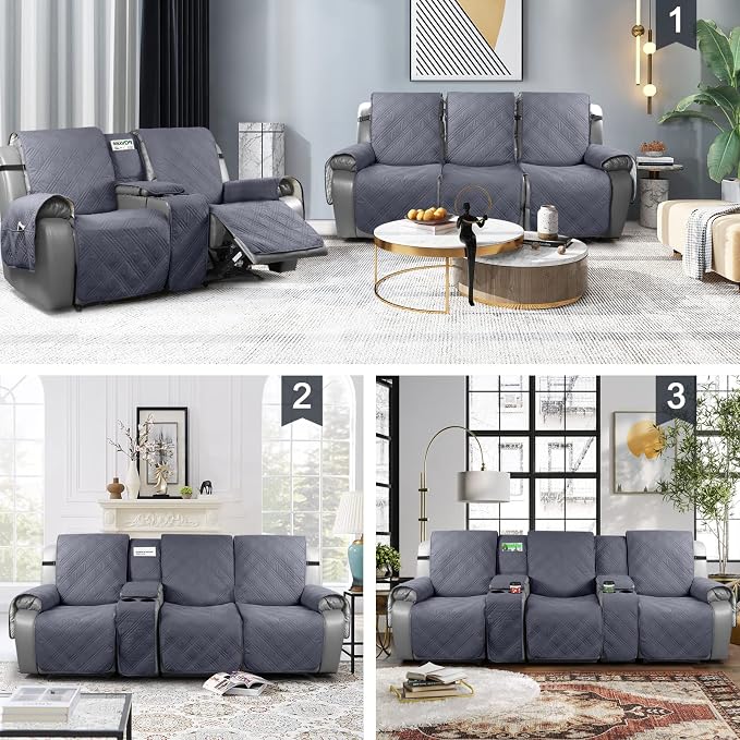 TAOCOCO Non Slip Recliner Sofa Covers for 3 Cushion Couch, Waterproof Reclining sofa cover for Leather Sofa with Console, Split Reclining Couch Cover Recliner Furniture Protector (3 Seater, Dark Grey)