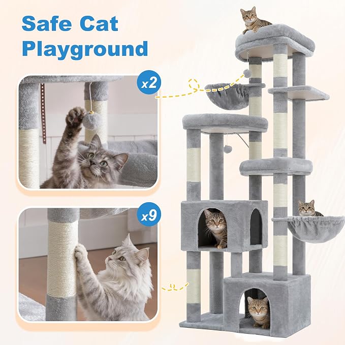 Hey-brother Cat Tree, 67.3 Inches Tower with 3 Soft Platform Beds, 2 Large Condos, 9 Sisal Scratching Posts, 2 Hammocks and Toys, Multi-Level Step House for Multiple Indoor Kittens, Light Gray MPJ084W