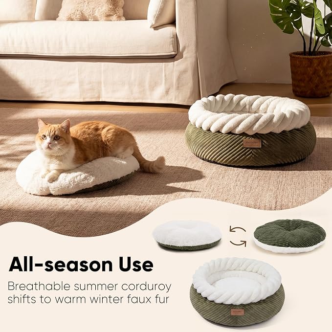 FUKUMARU Cat Bed, Calming Donut Dog Beds, Plush Faux Fur&Corduroy Kitten Beds, Cute Round Washable Pet Bed for Large Cats and Puppy, Cat Cave with Anti-Slip Bottom, 21inch, Green