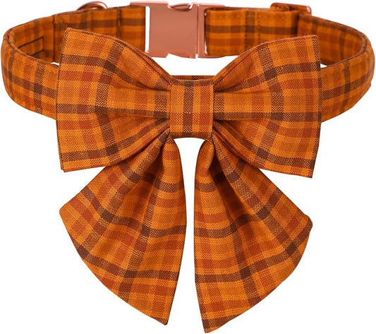 Maca Bates Fall Pumpkin Plaid Dog Collar with Sailor Bow Tie for Extra Large Girl,Boy,Autumn Checkered Puppy Collars with Bowtie,Halloween Gingham Print Adjustable Breakaway Soft for Male Female Dogs