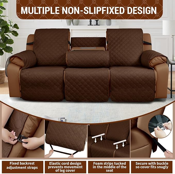 Waterproof Recliner Sofa Covers with Flipped Middle Backrest Washable Recliner Couch Covers Non-Slip with Elastic Straps Furniture Protector for Kid Dogs Pets (Brown)