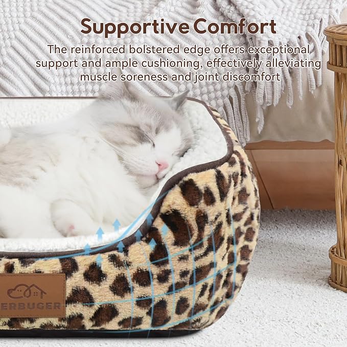 Zerbuger Rectangle Cat Dog Bed for Large Medium Small Pets Indoor Outdoor Machine Washable Sleeping Sofa Non-Slip Bottom Soft Puppy Bed Durable Orthopedic Calming Pet Cuddler (Medium, Leopard)