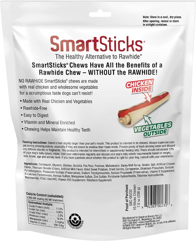 SmartBones SmartSticks, Treat Your Dog to a Rawhide-Free Chew Made with Real Chicken and Vegetables, 10 Sticks, (Pack of 2)