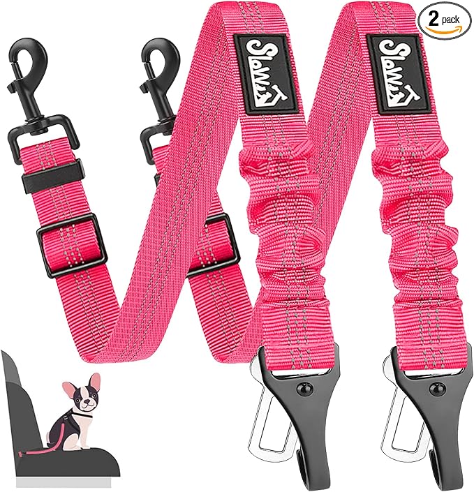 SlowTon 2 Pack Dog Seat Belt, 2 in 1 Attachment, Hook Latch Bar or Seatbelt Buckle with Elastic Nylon Bungee Buffer Adjustable Reflective Nylon Safety Belt Tether Connect to Dog Harness (2pack-FL)