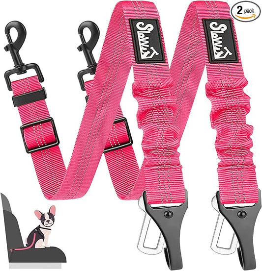 SlowTon 2 Pack Dog Seat Belt, 2 in 1 Attachment, Hook Latch Bar or Seatbelt Buckle with Elastic Nylon Bungee Buffer Adjustable Reflective Nylon Safety Belt Tether Connect to Dog Harness (2pack-FL)