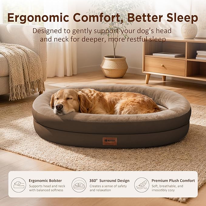 Orthopedic Dog Bed for Large Dogs, Waterproof Dog Bed for Large Size Dogs with Bolsters, Egg Crate Foam Sofa Bed with Washable Removable Cover & Non-Slip Bottom, Coffee