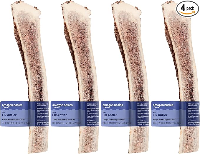 Amazon Basics Split Elk Antler, Naturally Shed, Long Lasting for Aggressive Chewers, X-Large (Best for Dogs Over 45 lbs) (Pack of 4) (Previously Wag)