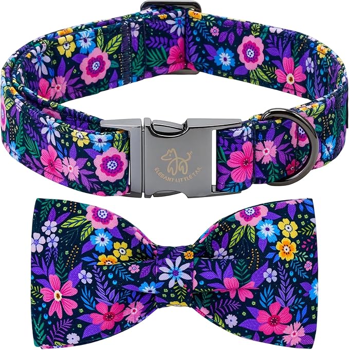 Elegant little tail Dog Collar, Pink Floral Pattern Pet Collars with Bow Girl Cotton Bowtie Collars Spring Puppy Gift Adjustable Pet Collar for Large Dogs