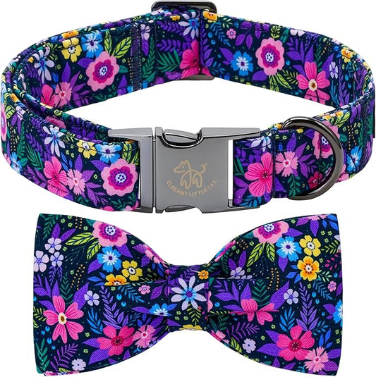 Elegant little tail Dog Collar, Pink Floral Pattern Pet Collars with Bow Girl Cotton Bowtie Collars Spring Puppy Gift Adjustable Pet Collar for Small Dogs