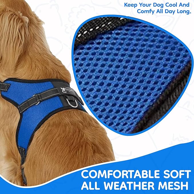 No Pull Reflective Adjustable Dog Harness With Handle- Comfortable Soft All Weather Mesh, Easy On Puppy Harness For Small Medium and Large Dogs (Blue) X-Large