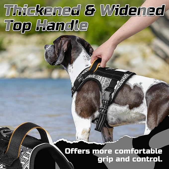 rabbitgoo Tactical Dog Harness for Large Dogs, No Pull Military Service Vest with Handle & Molle, Easy Control for Training Walking, Adjustable Reflective Straps, Black & White Geometric, XL