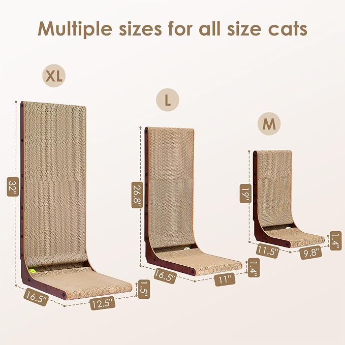 EHEYCIGA Cardboard Cat Scratcher for Indoor Cats, 32 Inch L Shaped Vertical Cat Scratching Board with Ball Cat Toy, Extra Large Cat Scratcher Pad, Dark Brown