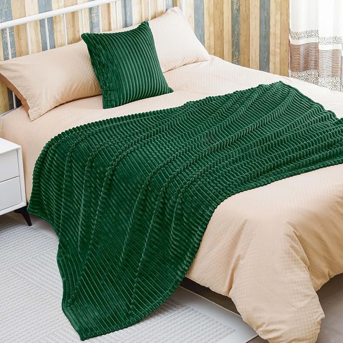 Bnuitland Dark Green Flannel Throw (50X71 inches) with Pillow Cover(18×18"),300GSM Super Soft Fleece Stripe Pattern Sofa Blanket, Lightweight Cozy Bed Throw for Home Decor All Season