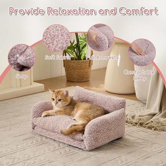 Hollypet Cat Bed Fluffy Plush Multifunctional Double-Layer Machine Washable Soft Warming Kitty Pet Couch Orthopedic Nest Beds for Small Cats Kitten and Dogs up to 13lbs, Pink Leopard(21x15x8 inch)