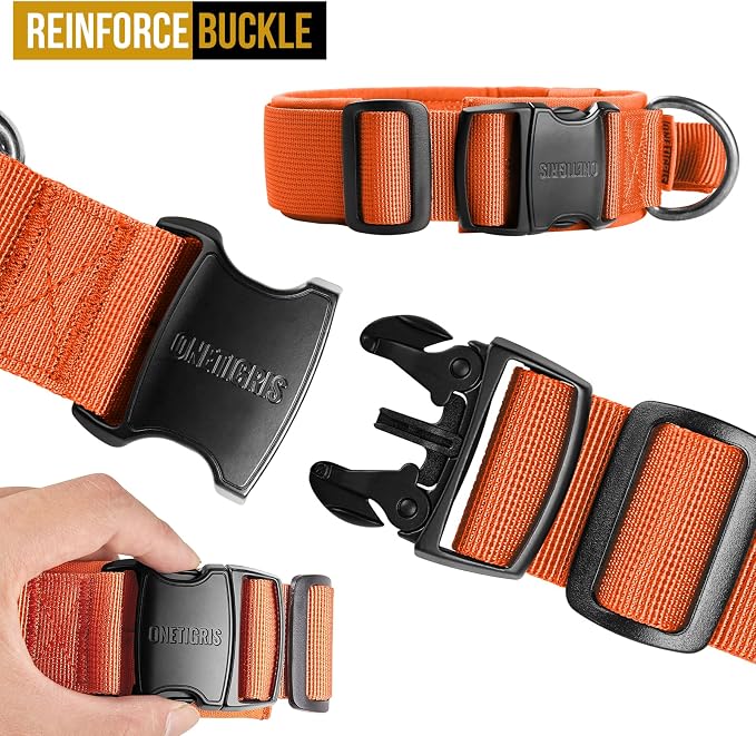 OneTigris Tough Dog Collars, Tactical Dog Collar with Handle, Milltary Adjustable Dog Collar with Heavy Duty Metal Buckle for Training (Large(Pack of 1), Orange)