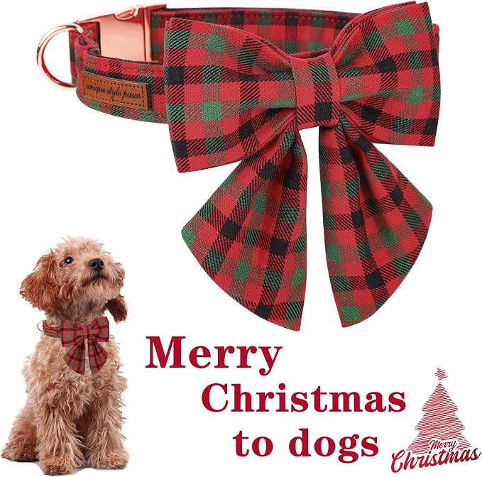 Unique style paws Christmas Dog Collar with Bow Tie Black Red Green Plaid Puppy Collar for Small Medium Large Dogs as Autumn Winter Pet Gifts-M