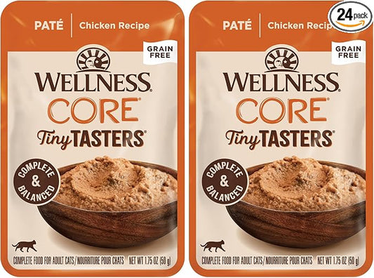 Wellness CORE Tiny Tasters Pate Adult Wet Cat Food, Natural, Protein-Rich, Grain Free, 1.75 Ounce Pouch (Chicken),(Pack of 24)