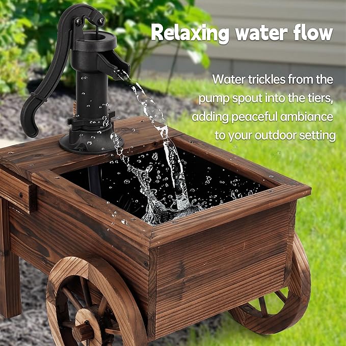 OIPRTGFJ Outdoor Water Fountain,Cute Floor Wooden Wagon Pump Old-Fashioned Fountain with Flower Box,Electric Decorative Hand Pump, Outdoor Water Feature for Garden Patio Backyard(Electric Wagon Pump)