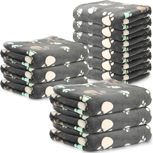 Tegeme 12 Pcs Pet Blankets 41 x 30 Inch Soft Fluffy Fleece Dog Cat Warm Paw Print Pattern Blankets Flannel Throw for Pets Dog Puppy Cat(Gray)