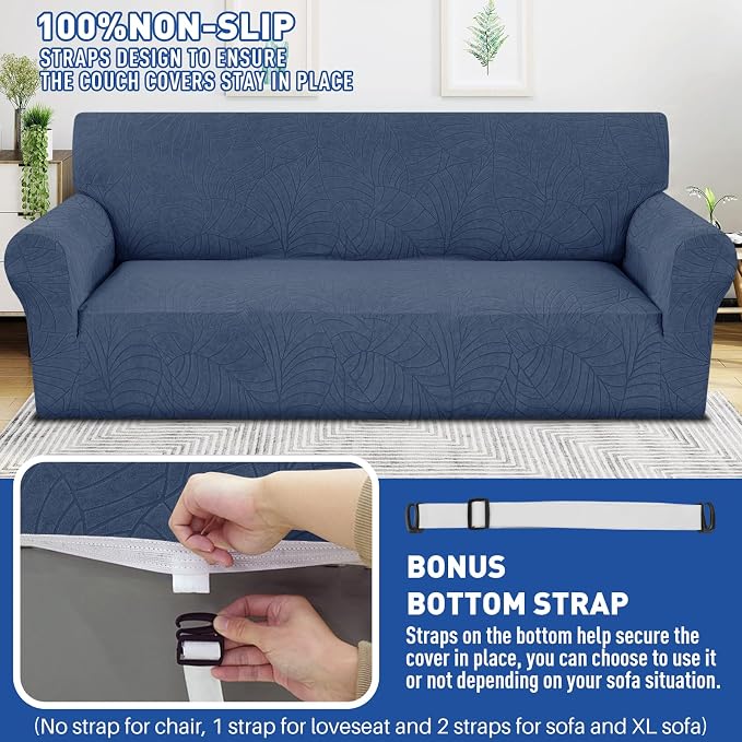 YEMYHOM Couch Cover Latest Jacquard Design High Stretch Sofa Covers for 2 Cushion Couch, Pet Dog Cat Proof Loveseat Slipcover Non Slip Elastic Furniture Protector (Medium, Begonia Leaf Navy)
