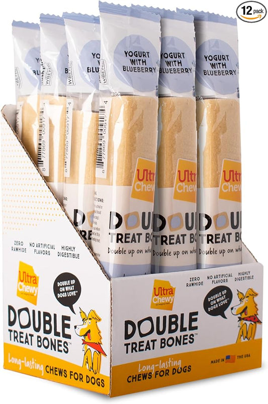 Ultra Chewy Yogurt with Blueberry Double Treat Bones: Long-Lasting Dog Treats Made in USA for Large and Small Breeds, Highly Digestible (12 Count)