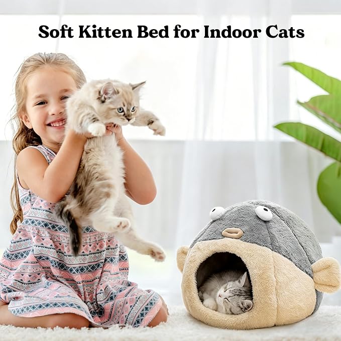 Cat Beds for Indoor Cats - Cat Bed Cave with Removable Washable Cushioned Pillow,2 in 1 Super Soft cat Tent for Kitten and Small Cats, Lively Pufferfish Animal-Shape & Furniture, Grey Multiple Sizes