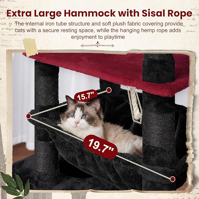 Gitelsnour Gothic Cat Tree, Cat Tower for Large Cats with 2 Big Platforms, 2 Baskets, condo and Toys, 63" Cat Scratching Posts for Indoor Cats, Black and red GCT020BR