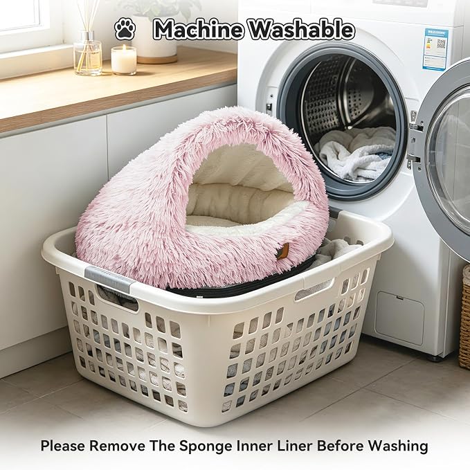 YooxArmor Washable Dog Bed, Windproof Round Hooded Cat Bed Cave for Small Medium Pets, Self Warming Anti-Anxiety House with Fluffy Cover (Pink-M)