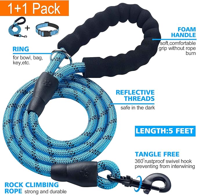 Ladoogo Reflective Dog Collar Padded with Soft Neoprene Breathable Adjustable Nylon Dog Collars for Small Medium Large Dogs (Small (Pack of 1), Vivid Blue Collar+Leash)