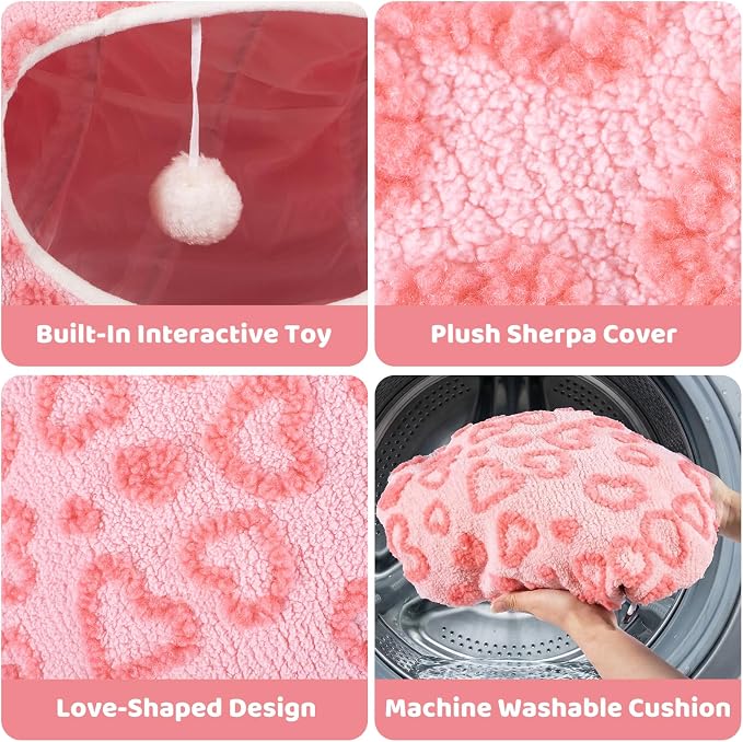 Cat Tunnel Bed, Cute Cat Tunnel Toy with Washable Cushion, Fits Indoor Cats up to 25 lbs, Cute Peekaboo Cave Pet Bed for Kittens, Rabbits, Pink Heart