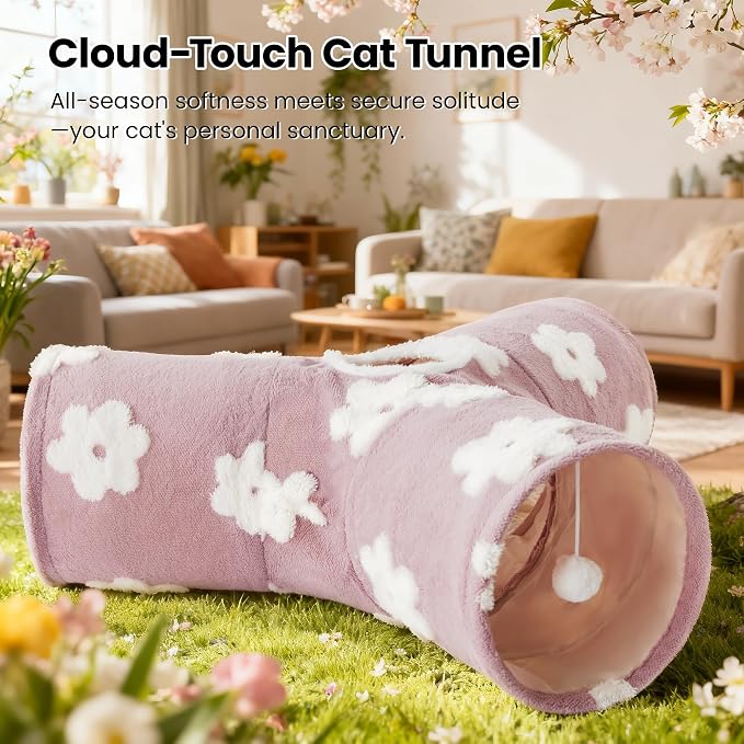 Tempcore Flannel Cat Tunnel for Indoor Cats, 3 Way Collapsible Pet Play Tunnel with Teaser Wand, Peek Holes & Hanging Ball, Interactive Tube for Kittens & Rabbits, Daisy Burlwood