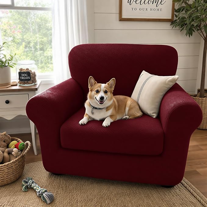XINEAGE 2026 New 2 Pieces Chair Covers with Arms Super Stretch Chair Slipcover for Living Room Pet Dog Universal Slip Cover Anti Slip Armchair Furniture Protector (Wine Red), 31"-46"(1 Cushion)