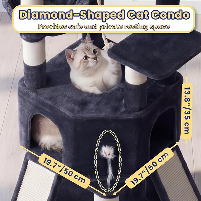 Cat Tree, 81.1-Inch Tall Heavy Duty Cat Tower with Diamond-Shaped Condo for Large Cats, Cat Furniture with 3 Wide Platforms, 2 Sisal Scratchers, Hammock & Stable Base, Smoky Gray VCT032G