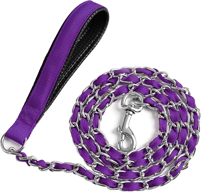 Heavy Duty Metal Dog Chain Leash with Comfortable PU Leather Padded Handle, Chew Proof for Medium Large Pooch Walking Training (4FT 3.5mm Purple)