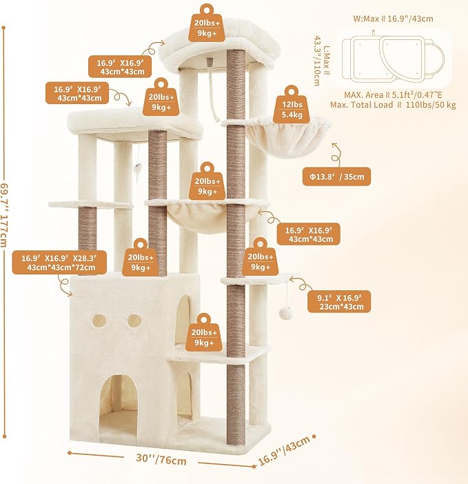 Heybly Cat Tree, 69.7 inches Secure Anti-Tip Cat Tower for Large Cats, Expansive Cat Furniture with Dual-Tier Cat Condo Villa, 2 Top Perches, Hammock & Full Sisal Scratching Posts Beige HCT065MJ