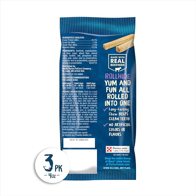 Purina Busy Rawhide Small/Medium Breed Dog Bones, Rollhide - (Pack of 12) 3 ct. Pouches
