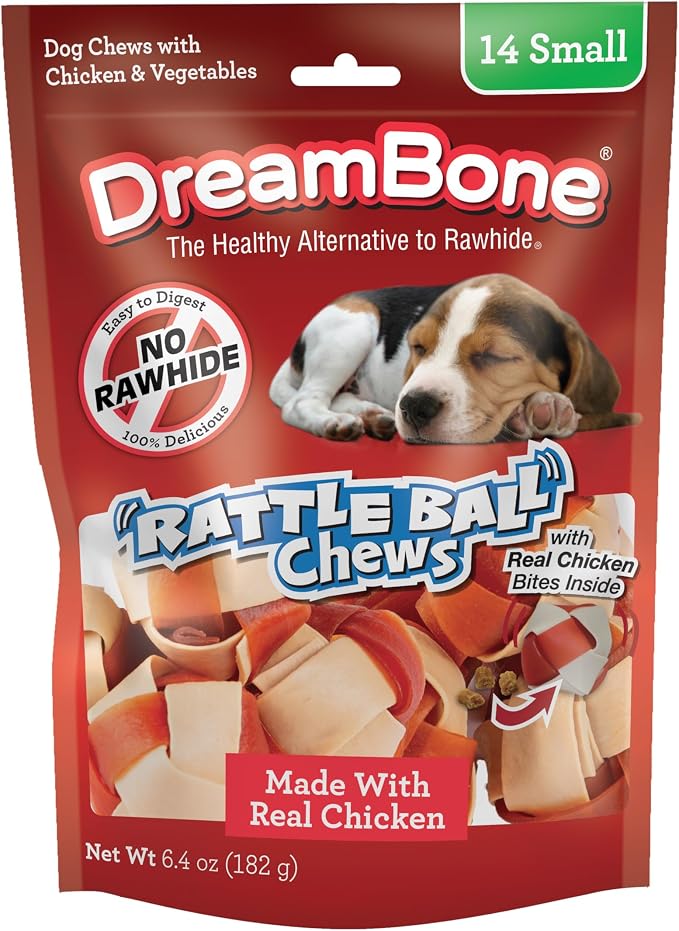 DreamBone Chicken RattleBall Dog Treats, Daily Rawhide-Free Chew, Digests Safely, With Real Protein, Chicken and Veggies, 14 count